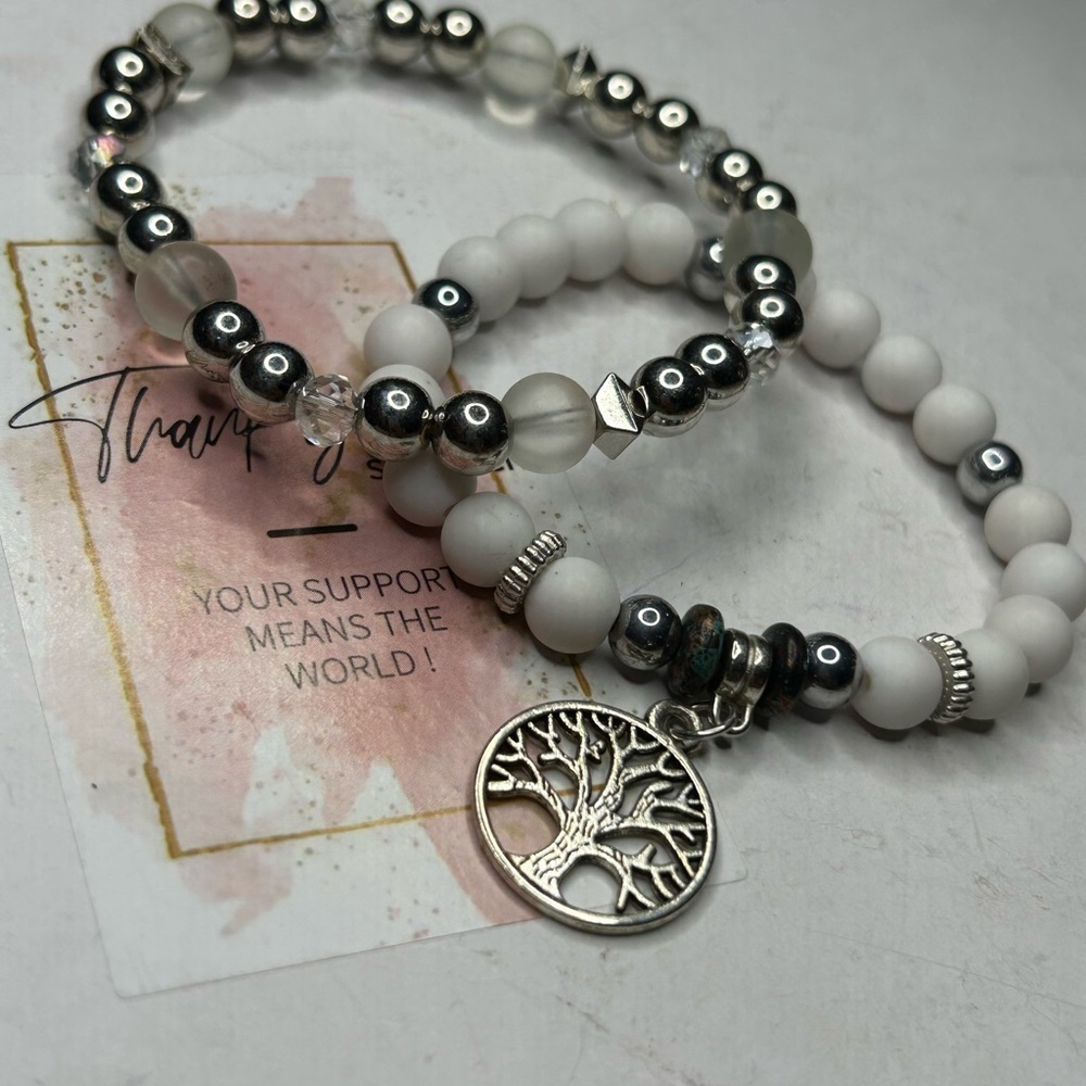 Silver and White Tree of Life Bracelet Set